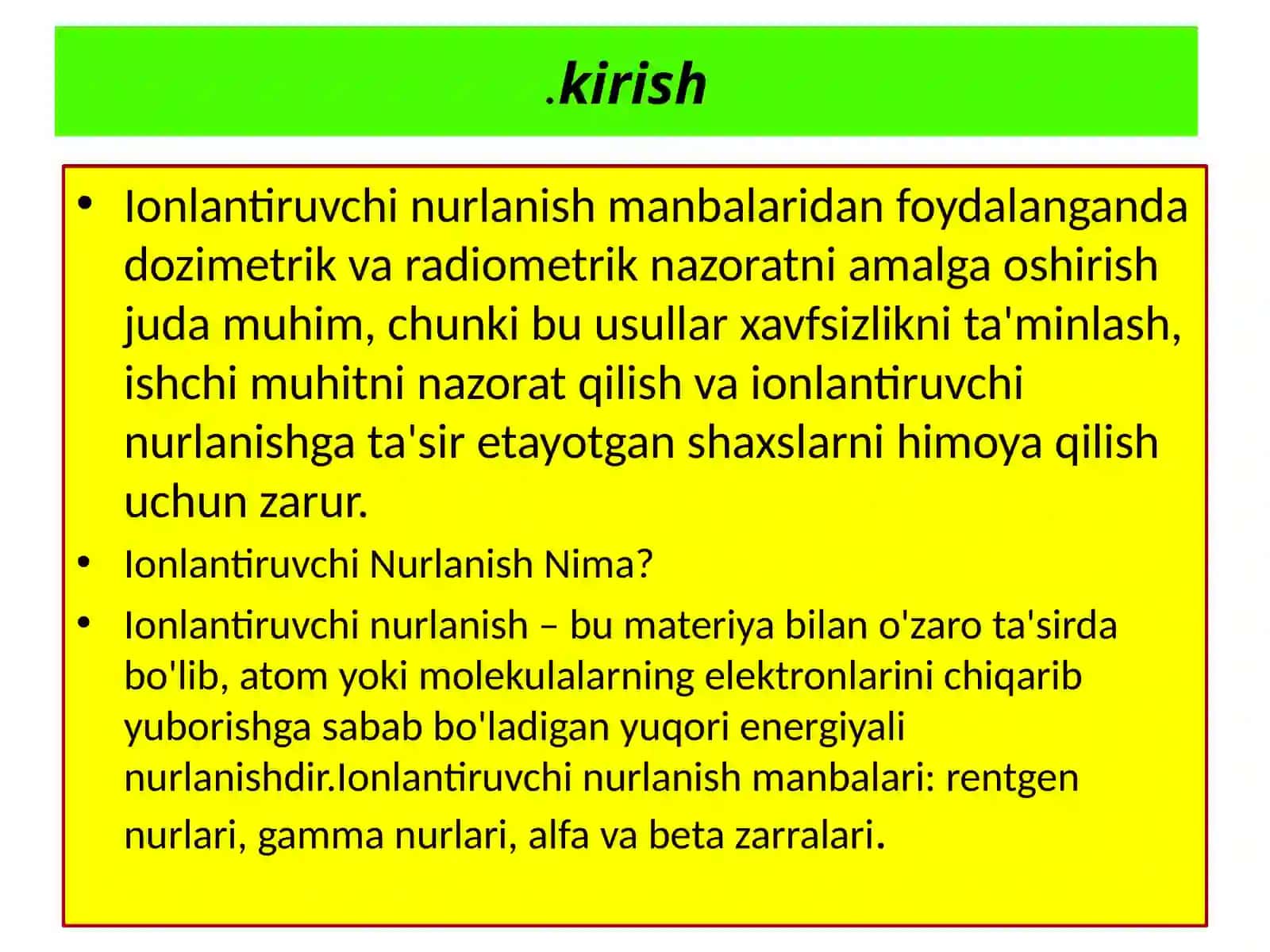 AbdumalikovSHavkatning Gigiyena,harbiygigiyena.Tibbiyekologiyafanidan,,DPMlardaionlantiruvchinurlanishmanbalardanfoydalangandadozimetrikvaradiometriknazorato'tkazishningasoslarivamuommolari 3