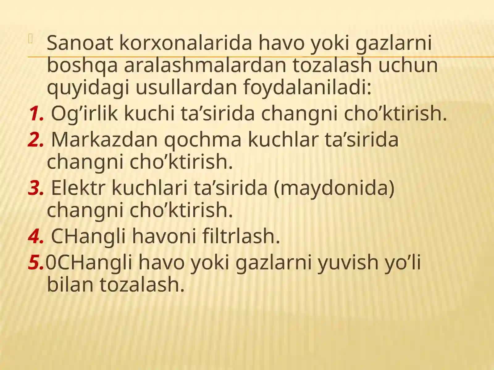 Sanoat korxonalari havosini tozalashning maqsadlari, usullari, vositalari va texnik-iqtisodiy ko’satkichlari 3