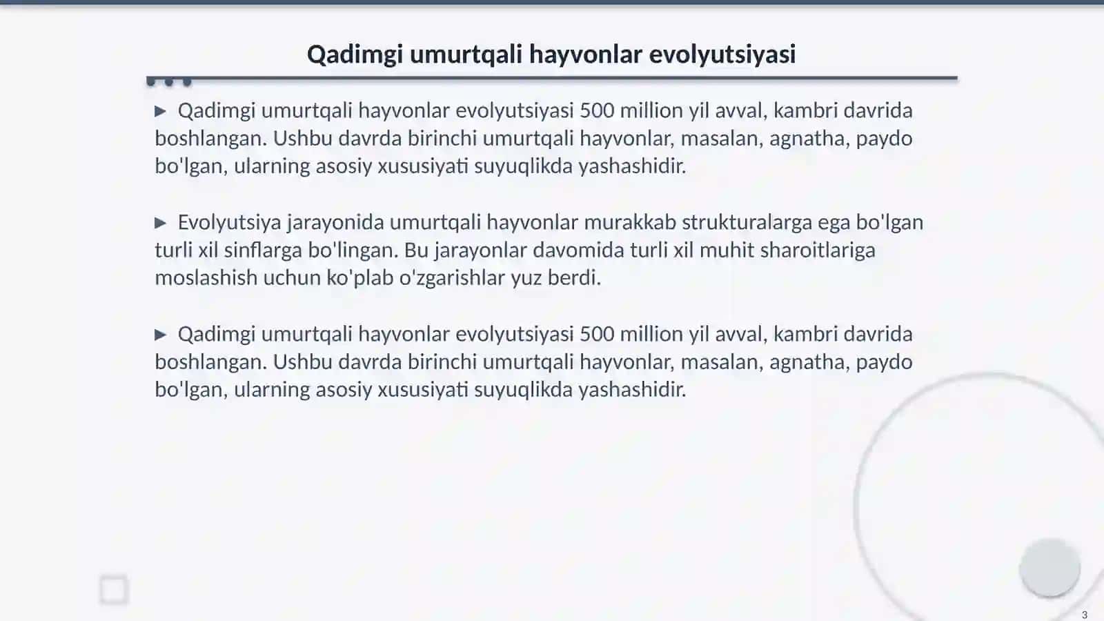 Qadimgi umurtqali hayvonlarning kelib chiqishi bilan bogʻliq umumiy xususiyatlari 3