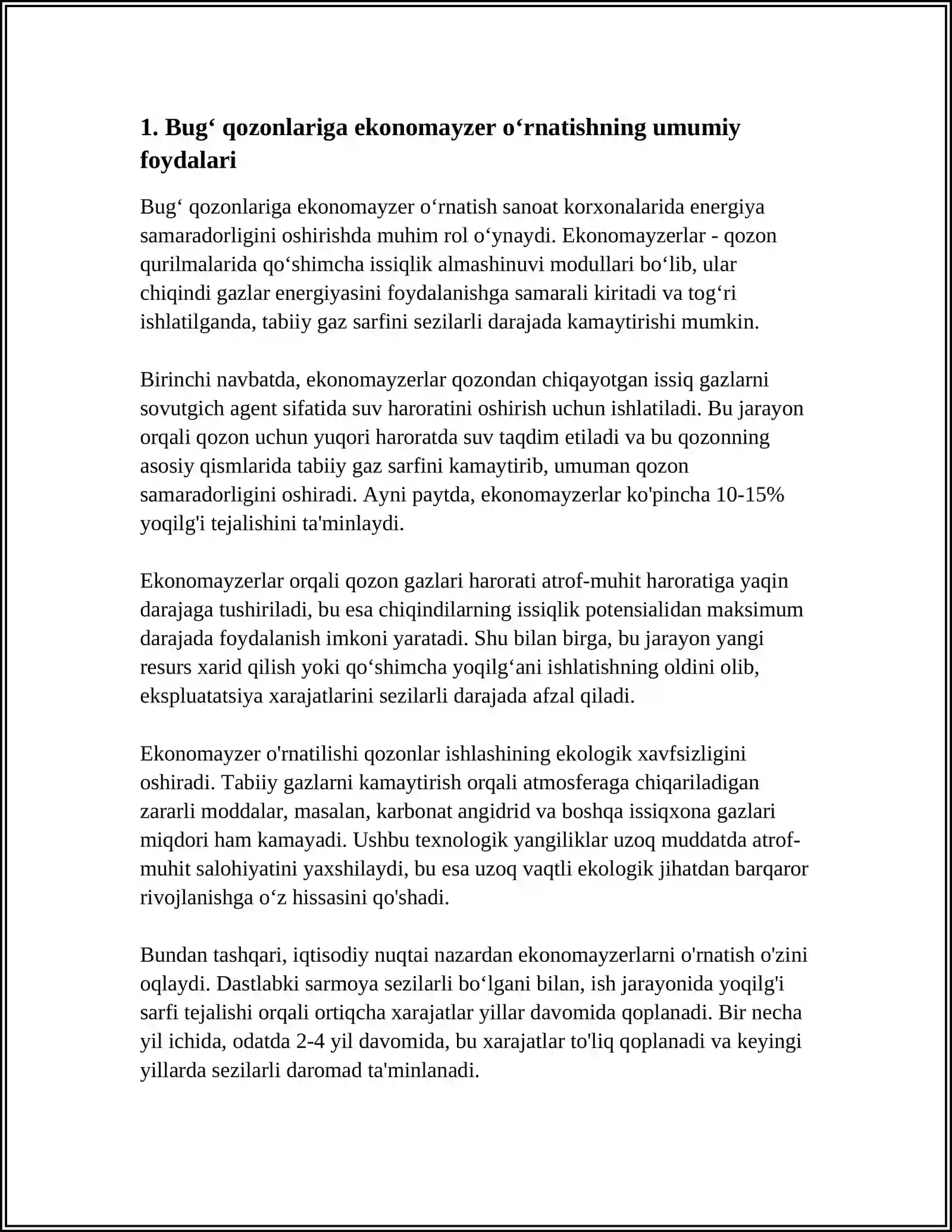 SANOAT KORXONALARIDAGI BUGʻ QOZONLARIGA EKANAMAYZ OʻRNATISH ORQALI TABBIY GAZ SARFINI KAMAYTIRISH 3