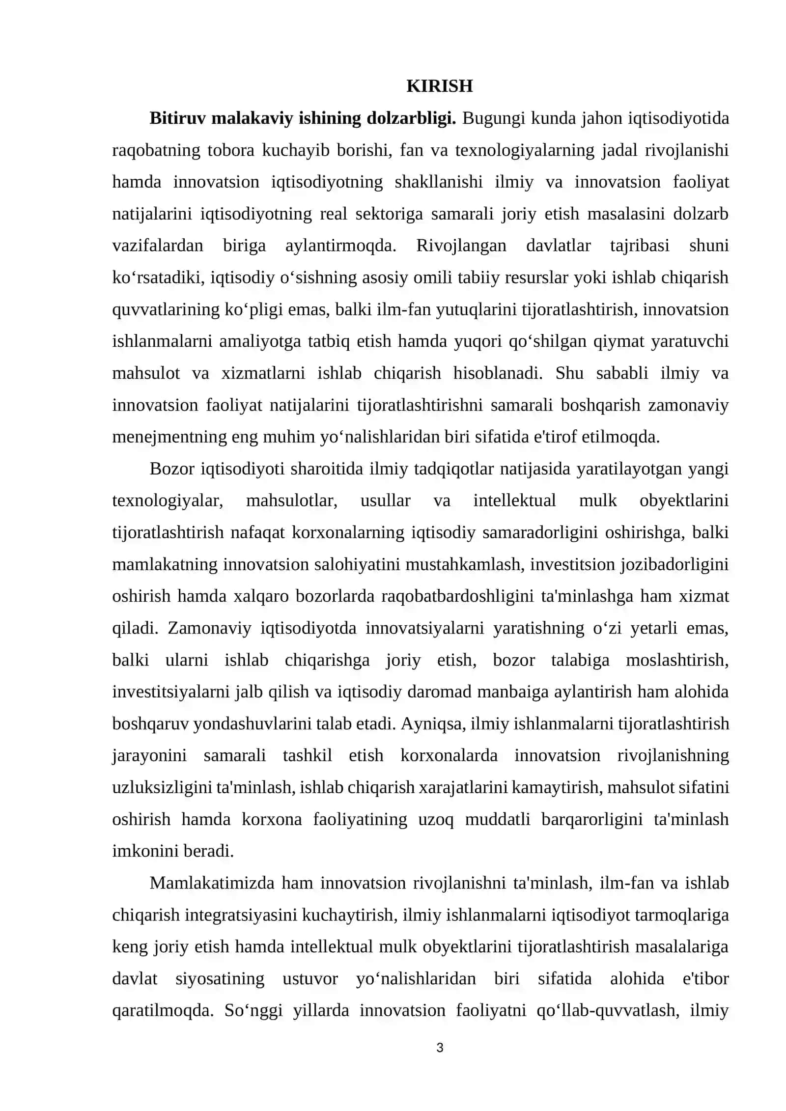 Bitiruv malakaviy ishi: Ilmiy va innovatsion faoliyat natijalarini tijoratlashtirishni boshqarish ("TARAQQIYOT SARI YUKSALISH" MChJ misolida) 3