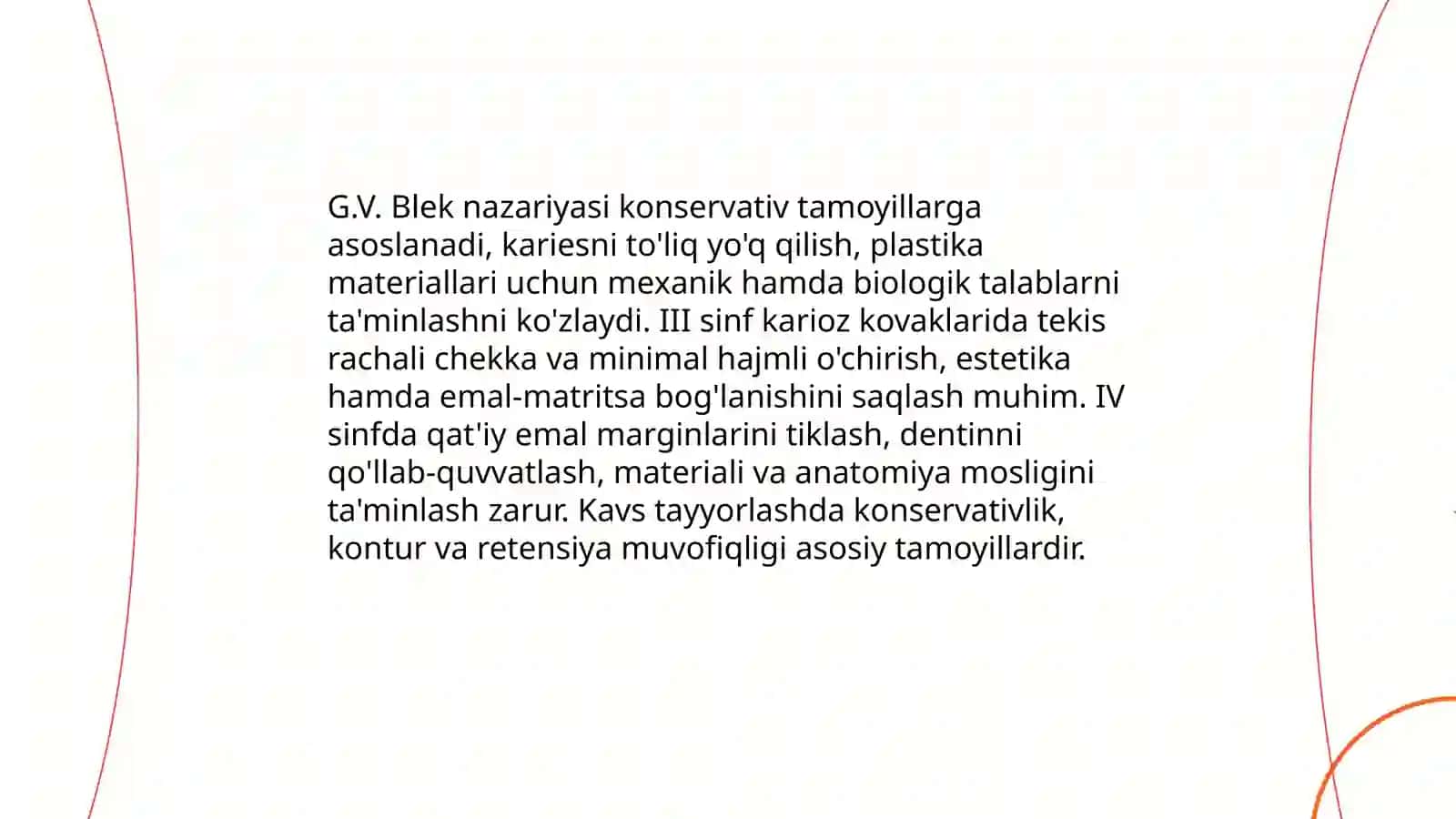 G.V. Blek bo‘yicha III va IV sinf karioz kovaklarini charxlashlashning o‘ziga xosligi 3