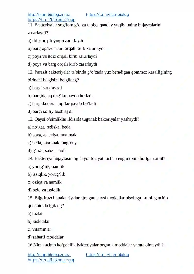 Biologiya test savollar to'plami 3