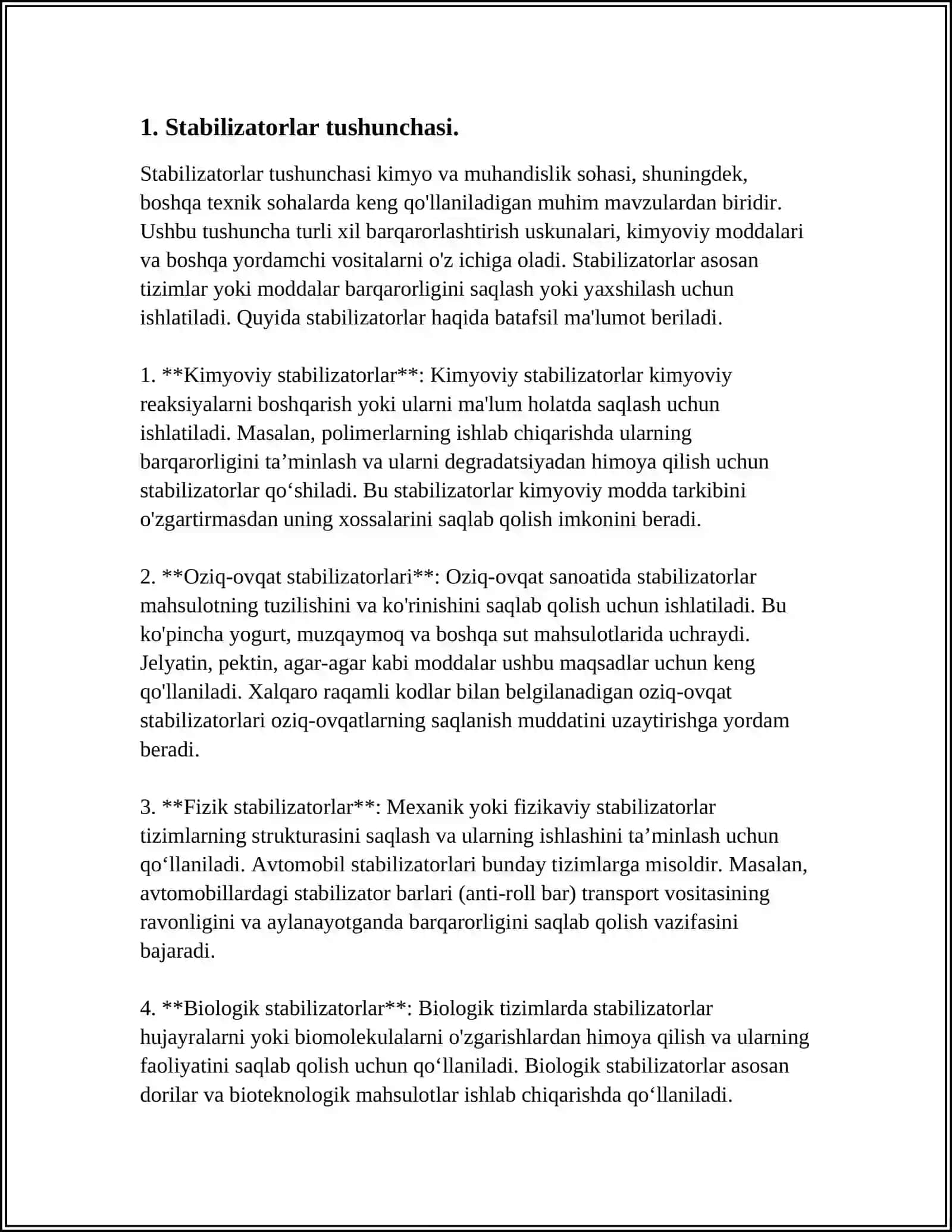STABILIZATORLAR TUSHUNCHASI, TASNIFI. SUSPENZIYALARNI SIFATINI BAHOLASH. GETEROGEN SISTEMALARNING TURG‘UNLIGIGA TA’SIR ETUVCHI OMILLAR. STOKS QONINI 3