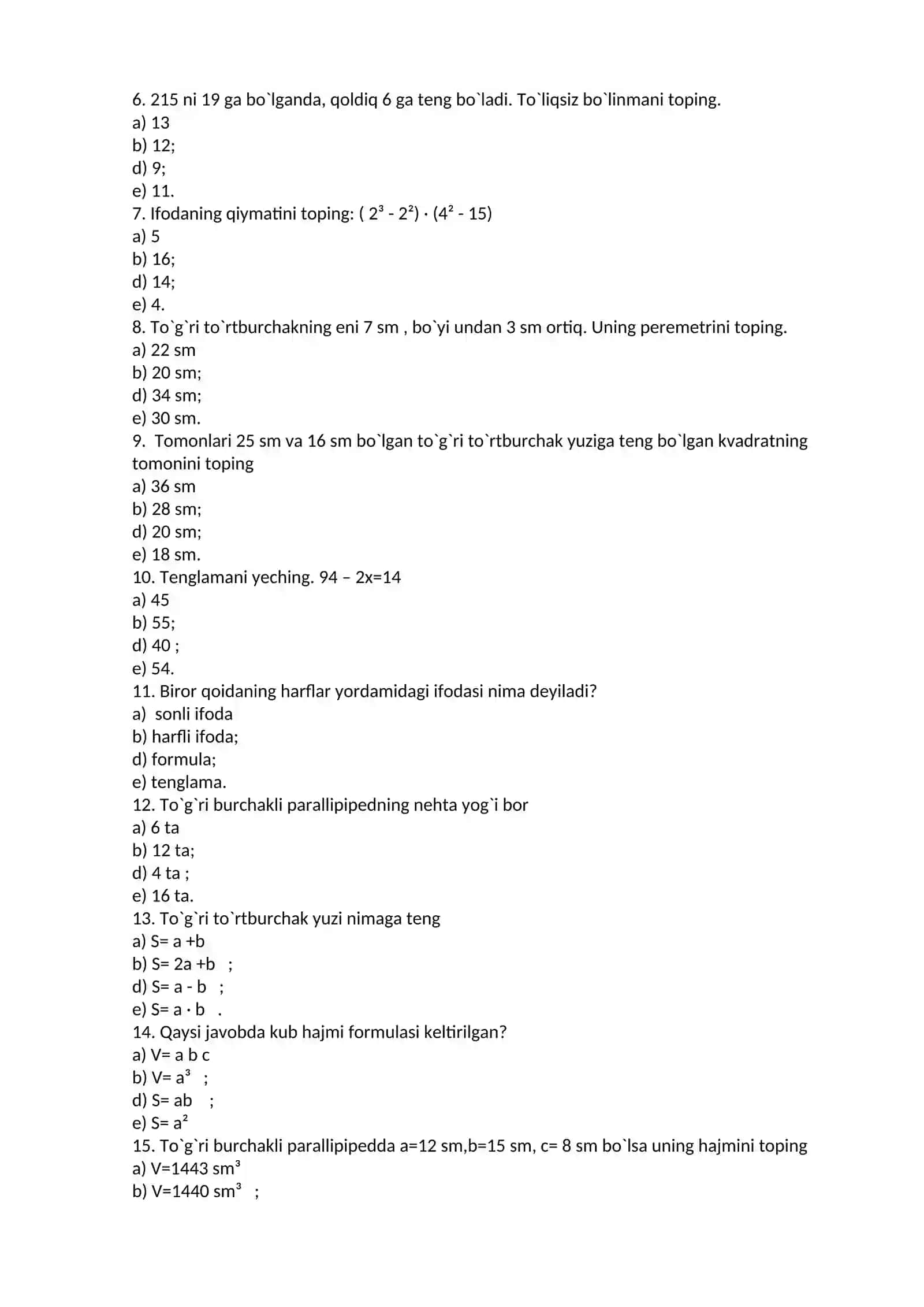 5-sinf Matematika fanidan testlar 3