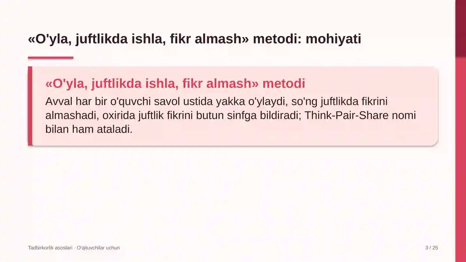 tadbirkorlik asoslari darslarida o'yla juftlikda ishla fikr almash metodidan foydalanish 4533 3