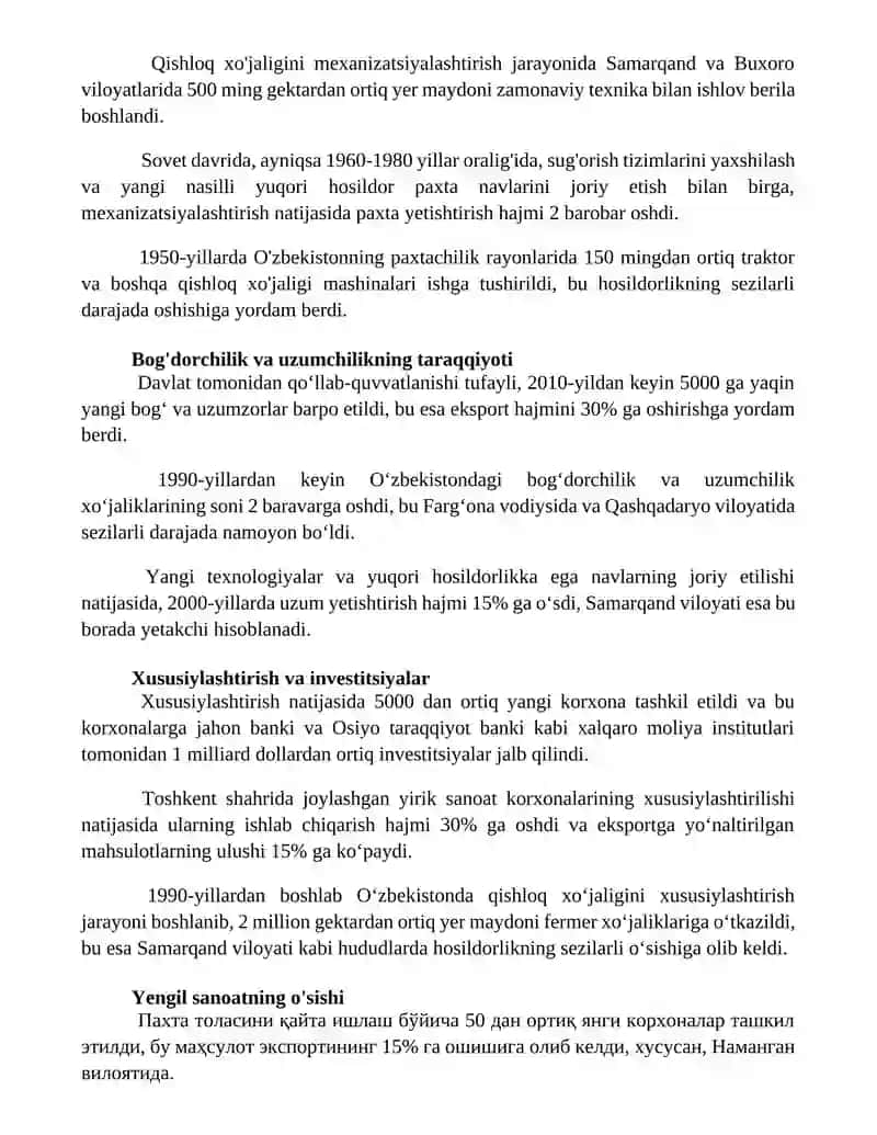 Mustaqillik yillarida qishloq xo'jaligi va sanoat sohasidagi o'zgarishlar 3