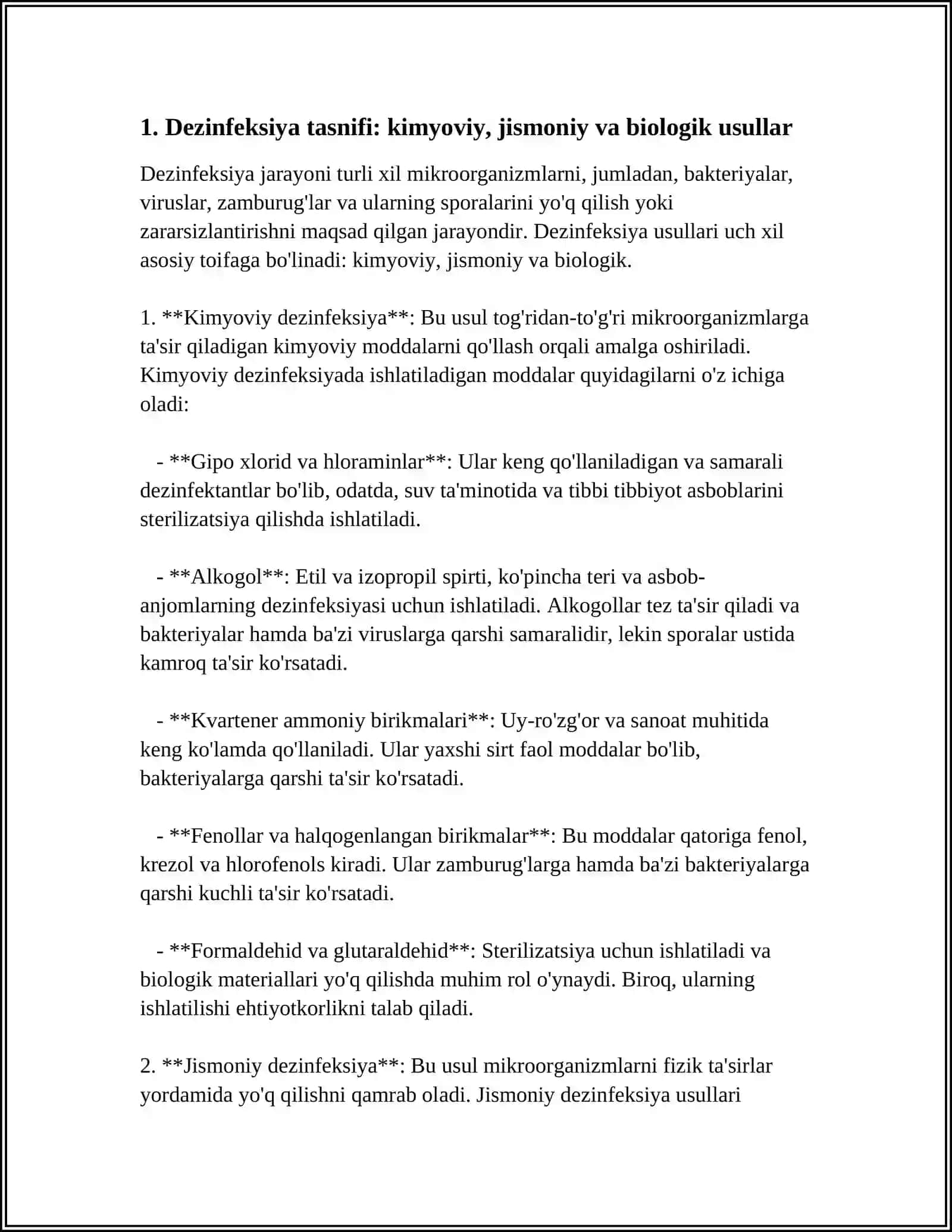 DEZINFEKSIYA TASNIFI. DEZINFEKSIYA TURLARI. ASBOB-ANJOMLAR DEZINFEKSIYASI 3
