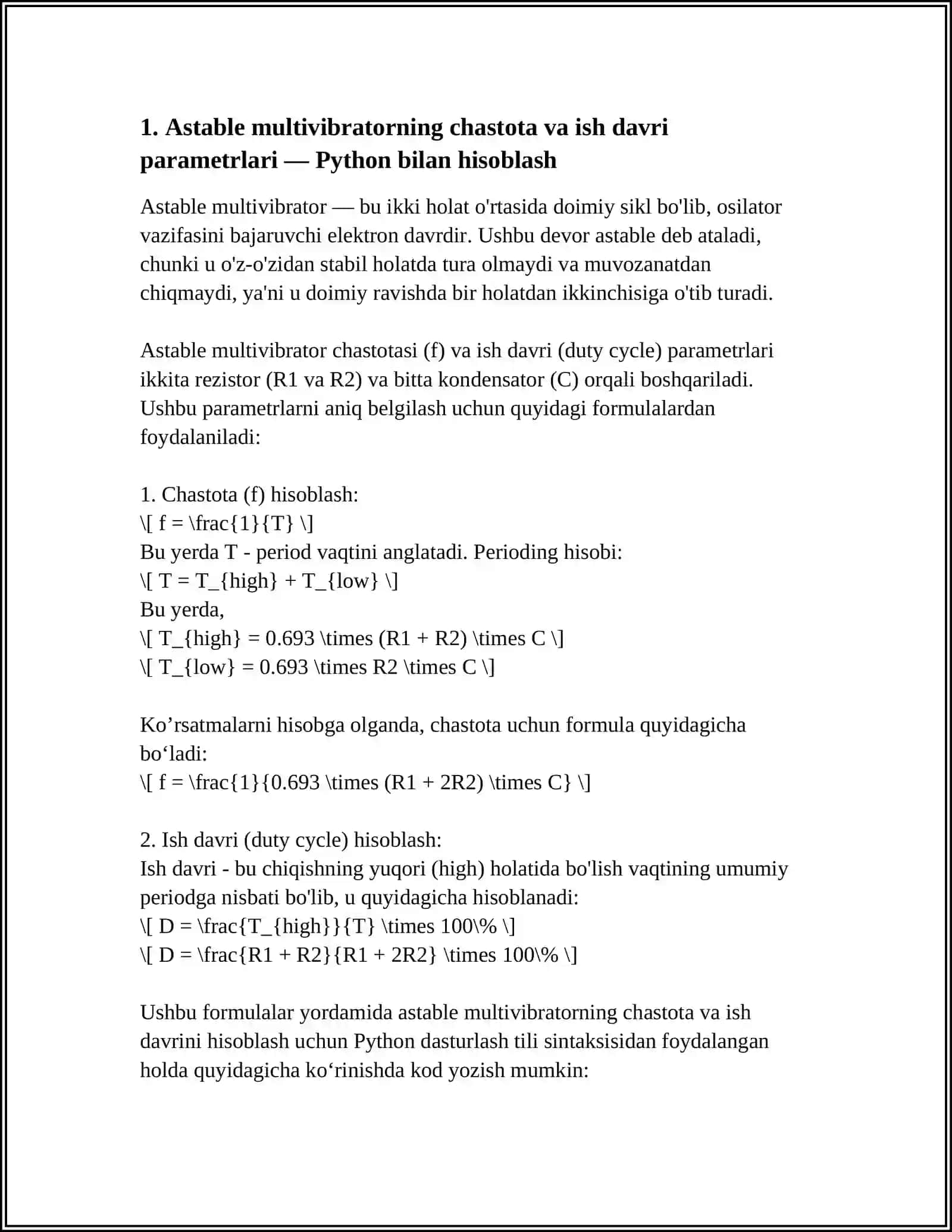 MULTIVIBRATOR PARAMETRLARINI PYTHON DASTURLASH TILIDA HISOBLASH 3