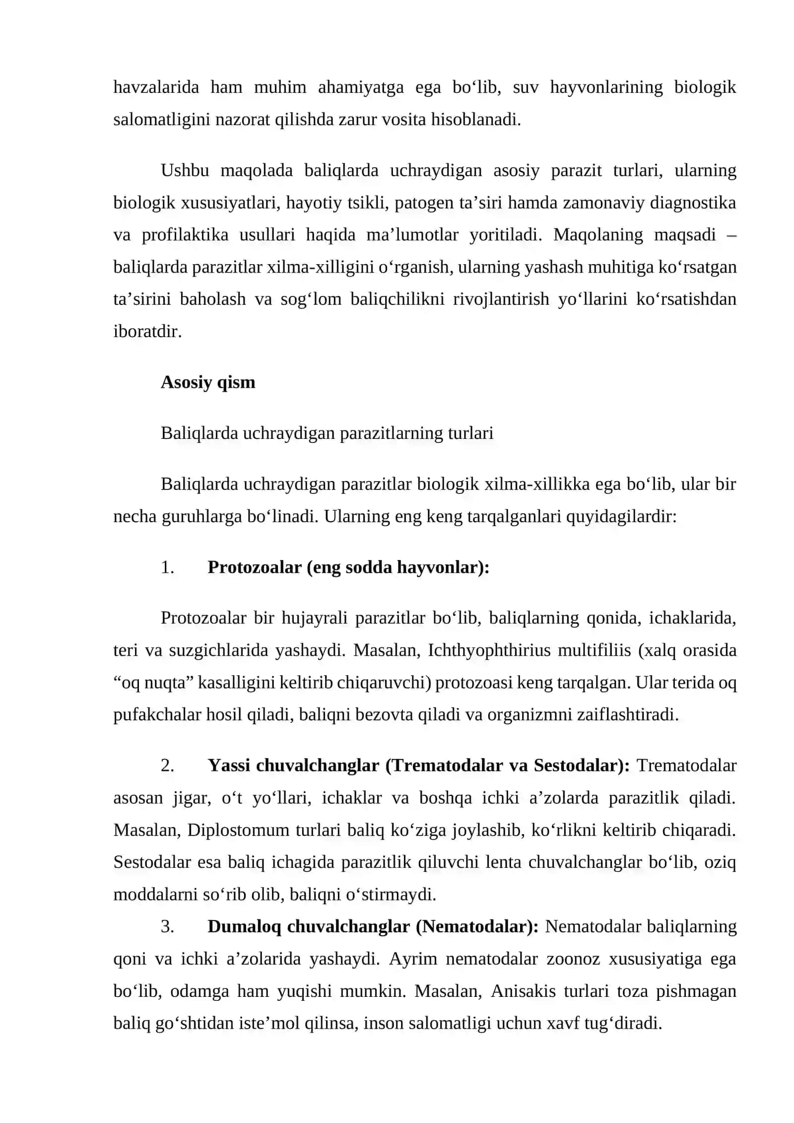 Baliqlar Organizmidagi Parazitlar Xilma-Xilligi 3