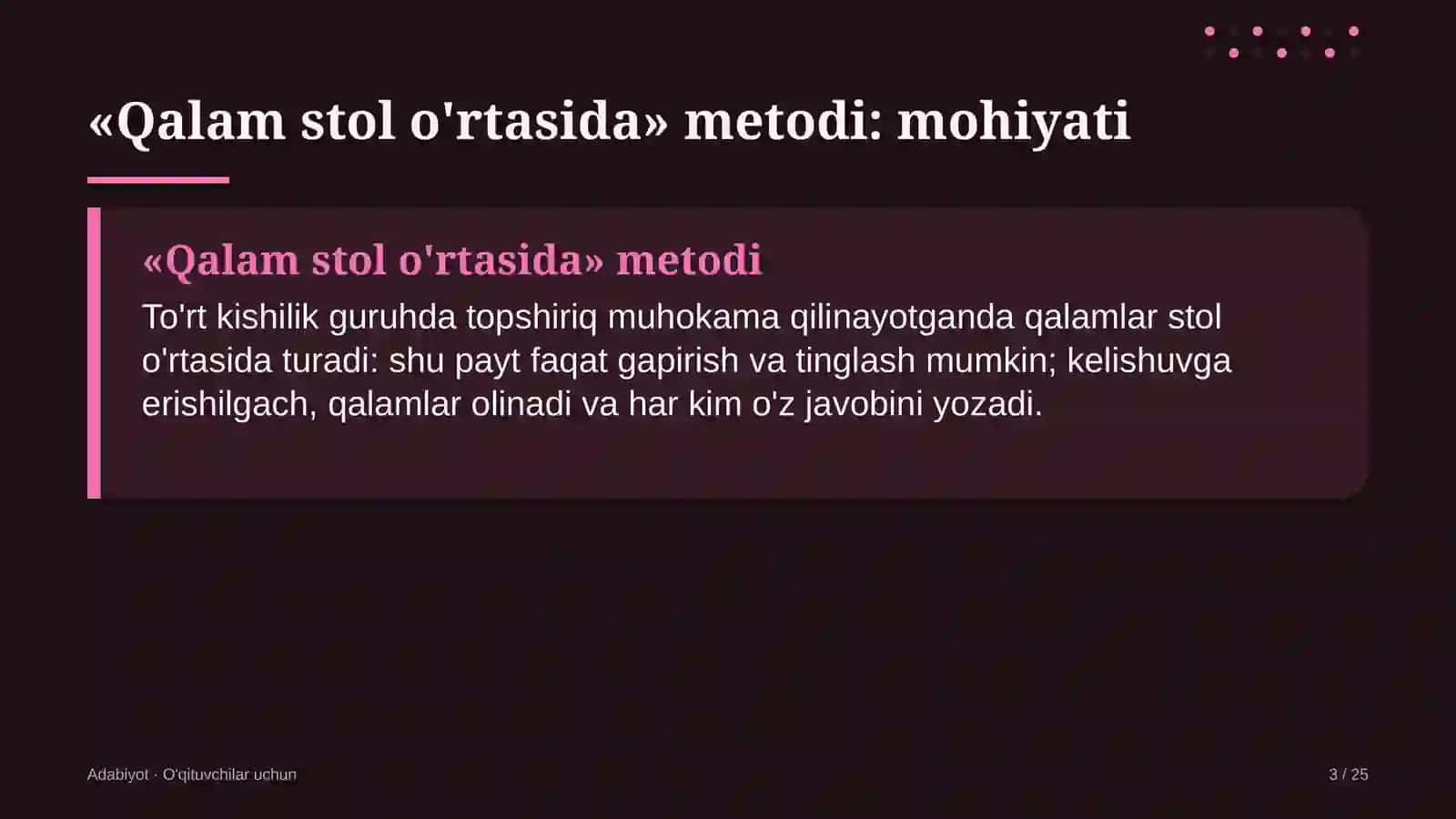 adabiyot darslarida qalam stol o'rtasida metodidan foydalanish 4236 3