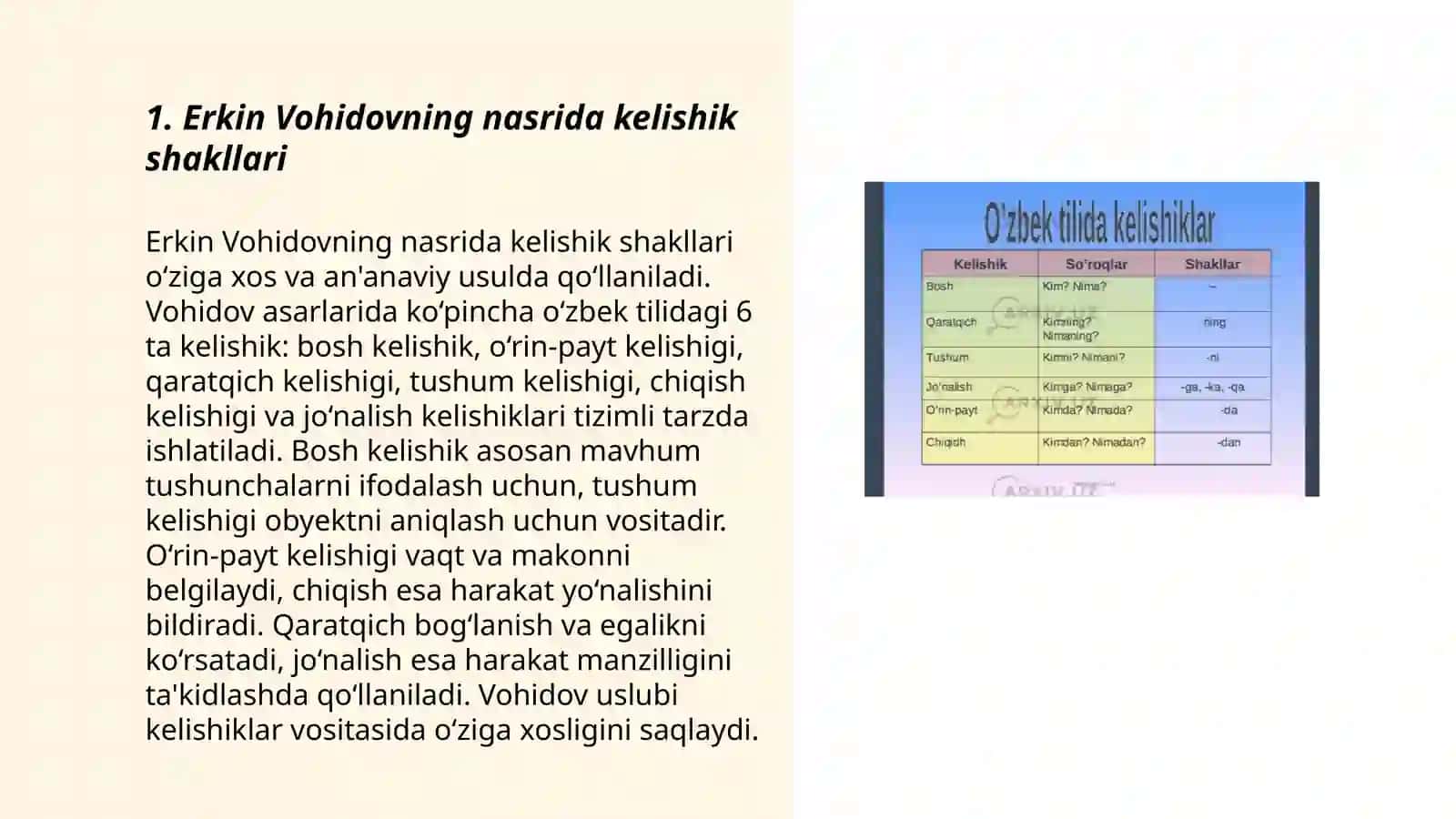 Erkin Vohidovning nasrida kelishik shakllari 3