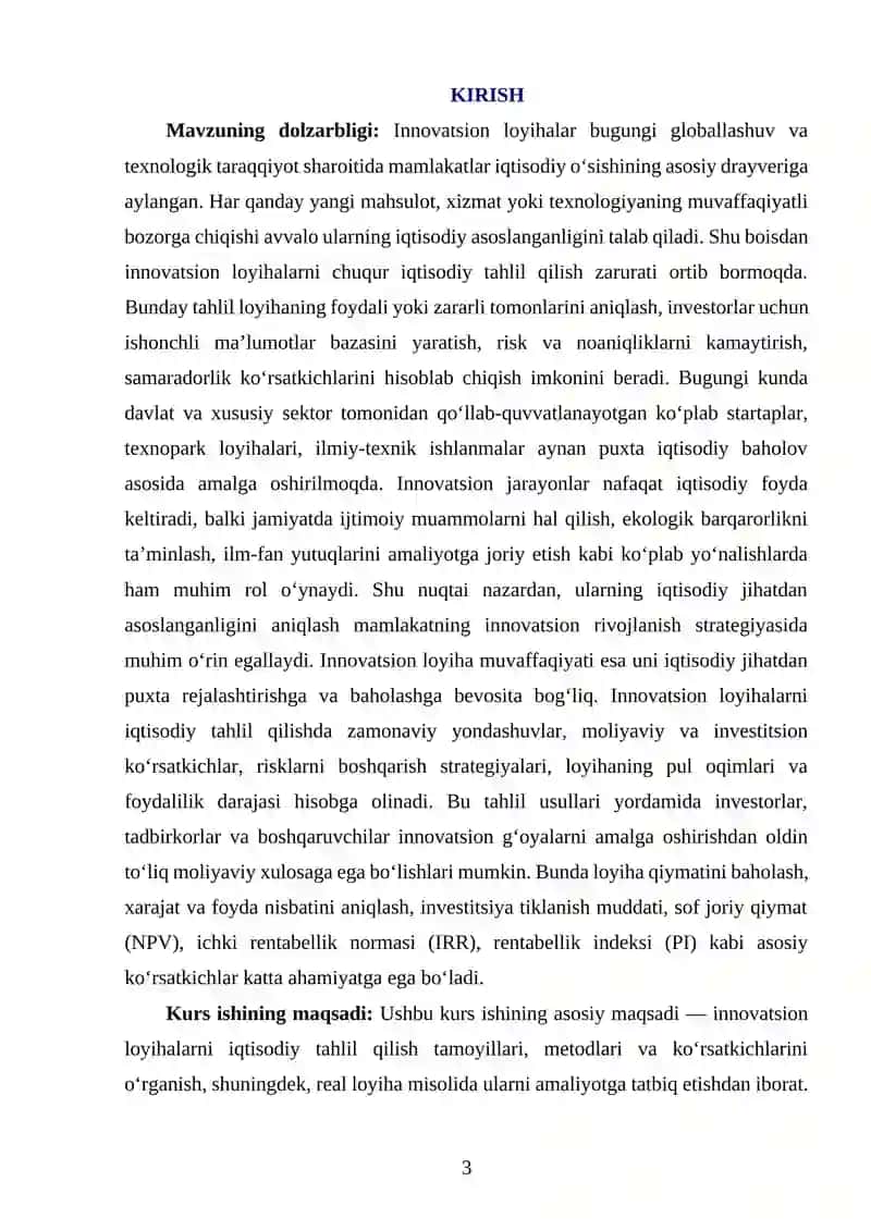Innovatsion loyihalarni iqtisodiy tahlil qilish kursi 3