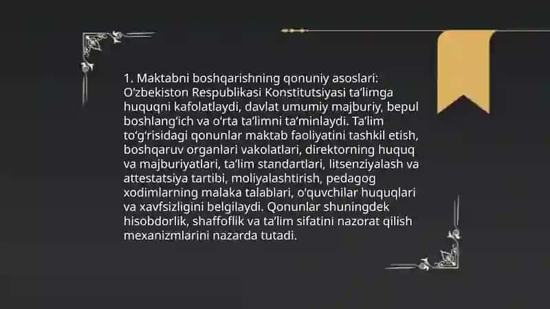 Maktabni boshqarish va unga rahbarlik qilishning qonun qoidalari mavzusiga konspekt tayyorlash 3