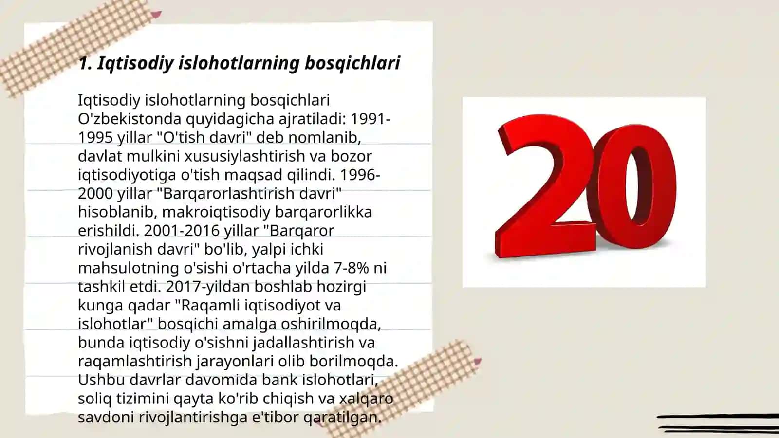 Iqtisodiy islohotlar, xusussiy mulkchilikning shakillanishi. Oʻzbekistonda bozor munosabatlarining rivojlanishi 3