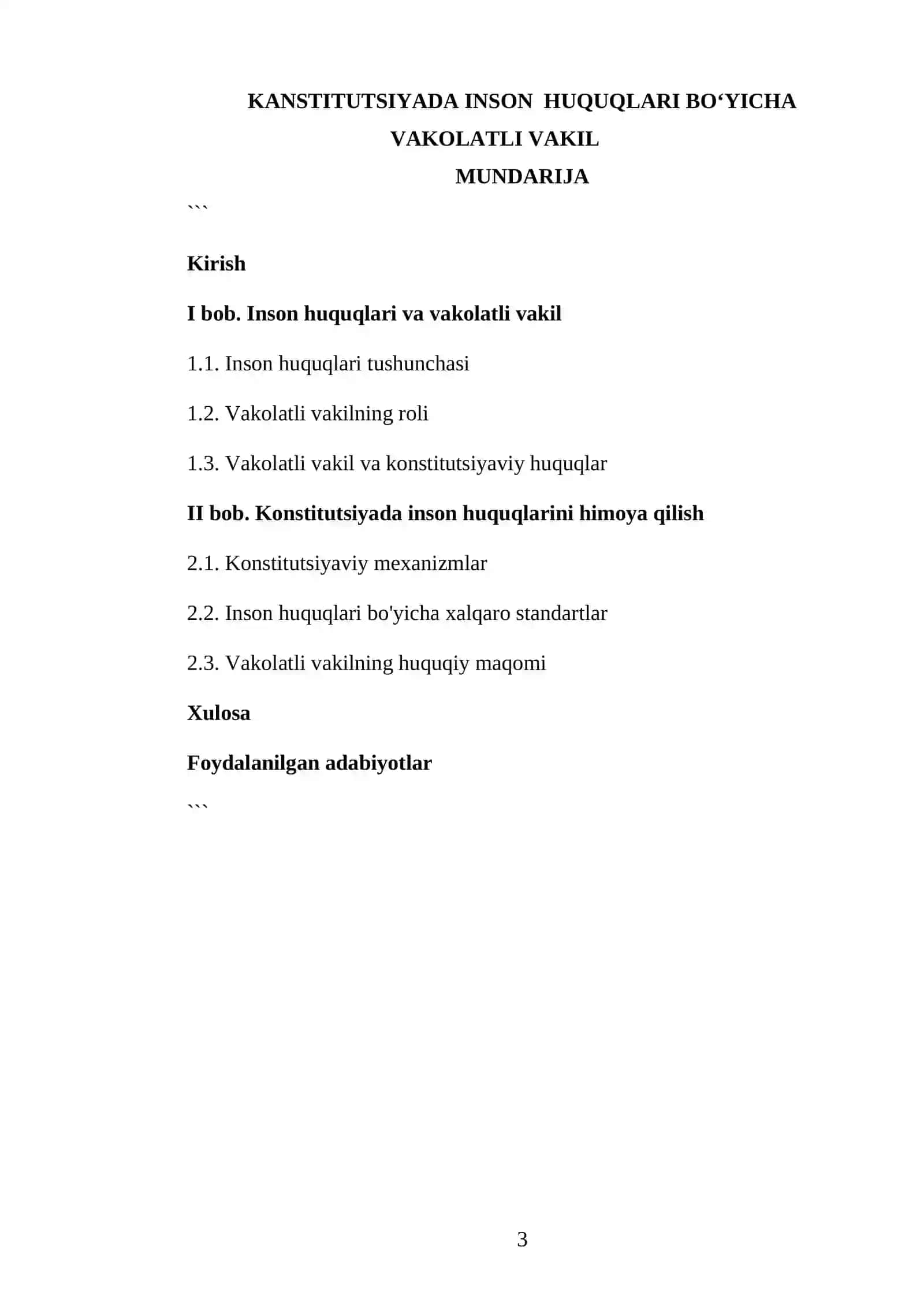 KANSTITUTSIYADA INSON HUQUQLARI BOʻYICHA VAKOLATLI VAKIL MUNDARIJA 3