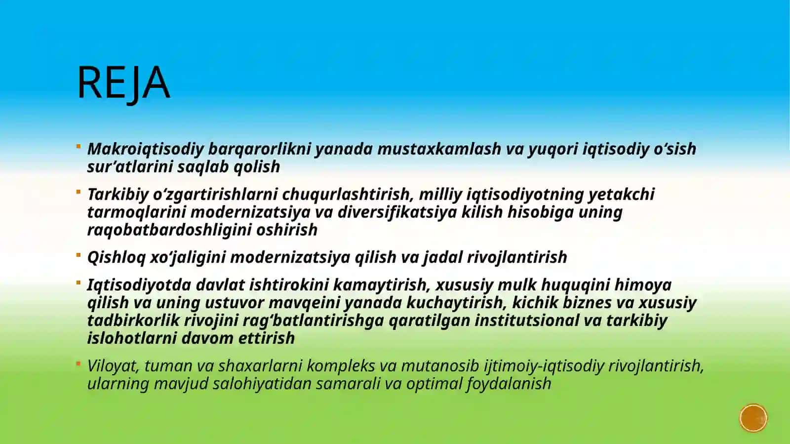 Makroiqtisodiy barqarorlikni yanada mustaxkamlash, vayuqori iqtisodiyo sish sur'atlari ni saqlab qol 3