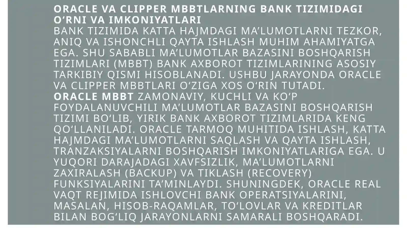 OraclevaClipperMBBT bank soxadagi ma’lumotlarni kayta ishlash texnologiyalari 3