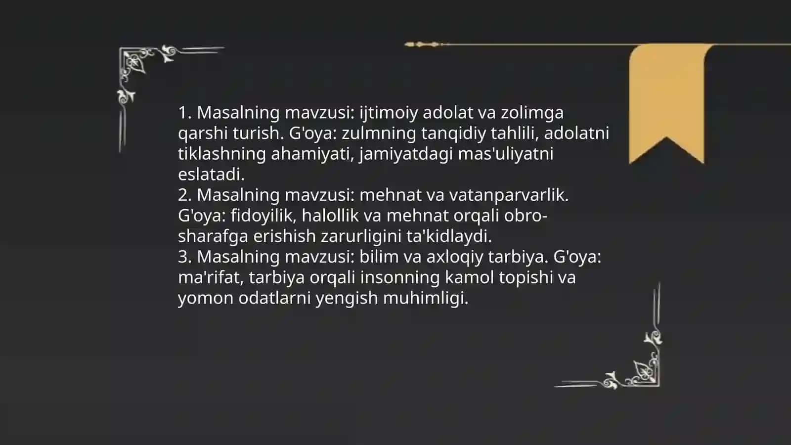 Gulxaniy ijodi va "zarbulmasal" asaridagi 3 ta masal taxlili 3