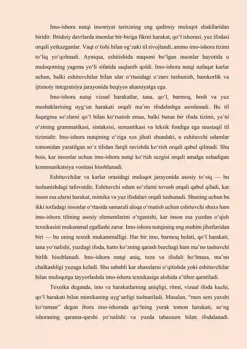 Eshituvchilar va karlar orasida muloqot vositasi sifatida imo-ishora nutqi va uning texnikasi, yuzdan o‘qiy olish imkoniyatining tutgan o‘rni 3