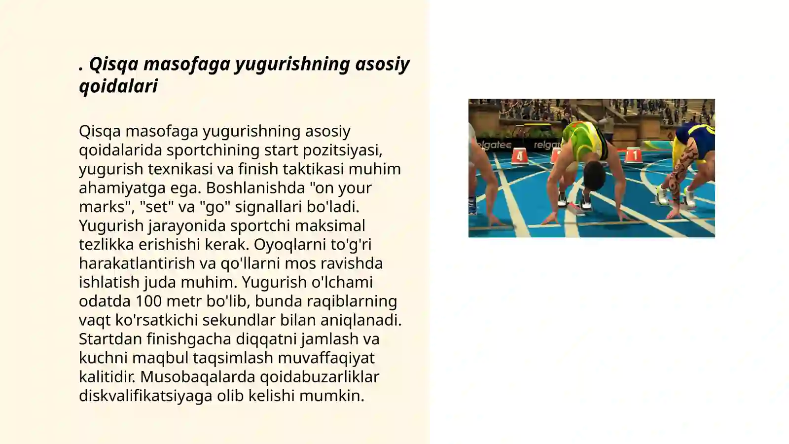 Yengil atletika. Qisqa masofaga yugurish texnikasini o’rgatish 3