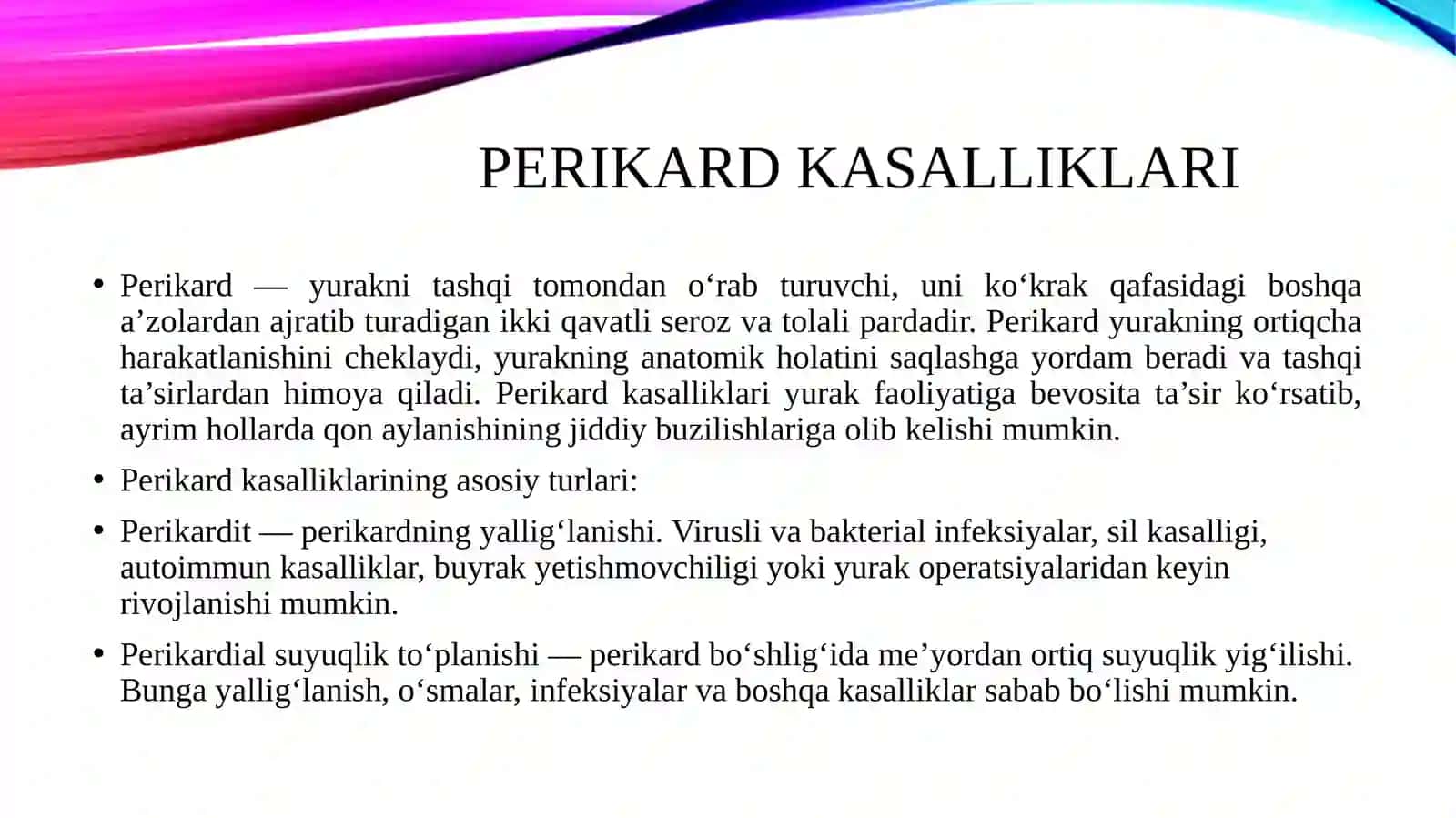 Perikard kasalliklari. Yurak o‘smalari. Yurak transplantastiyasi 3