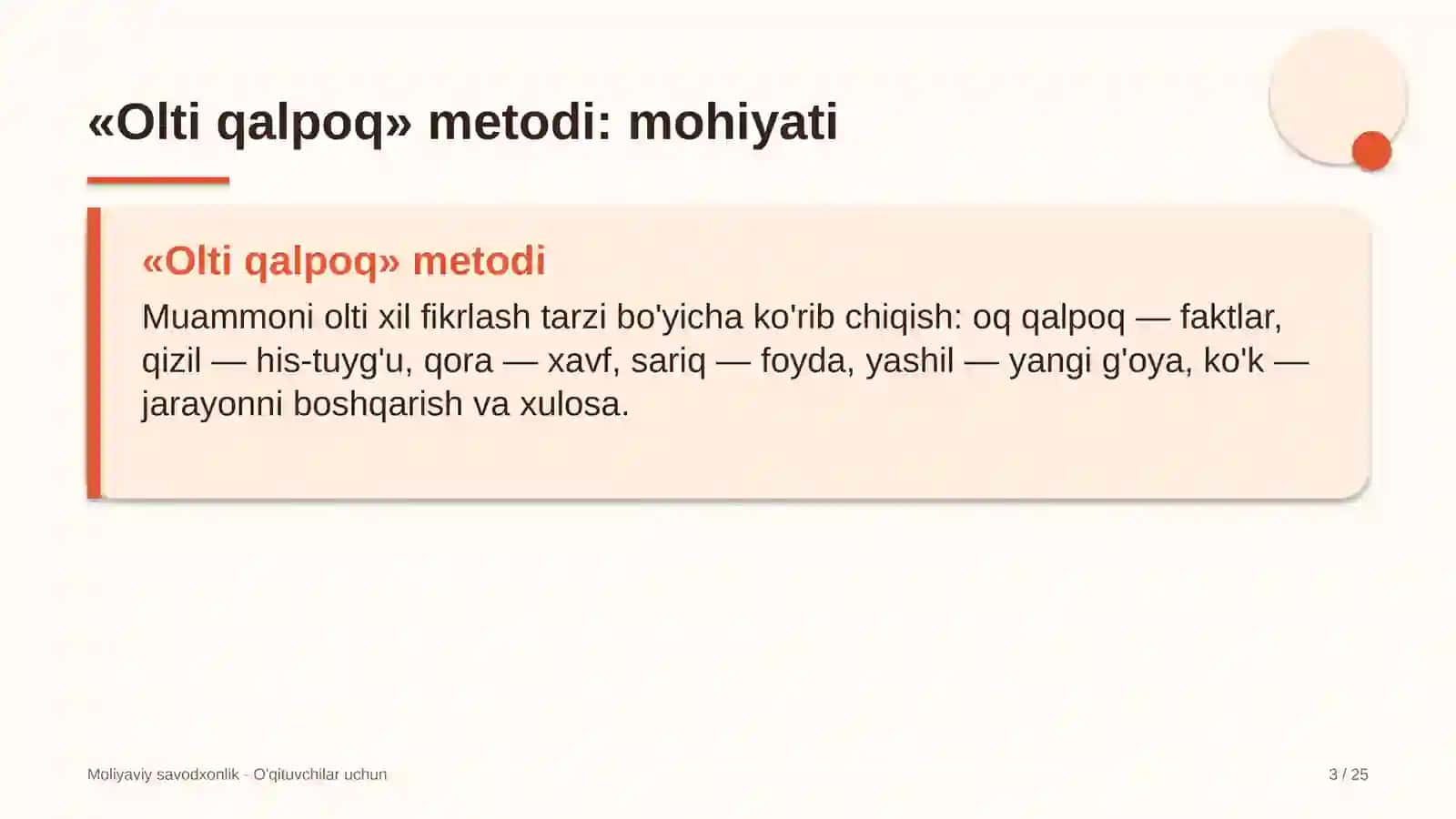 moliyaviy savodxonlik darslarida olti qalpoq metodidan foydalanish 6178 3