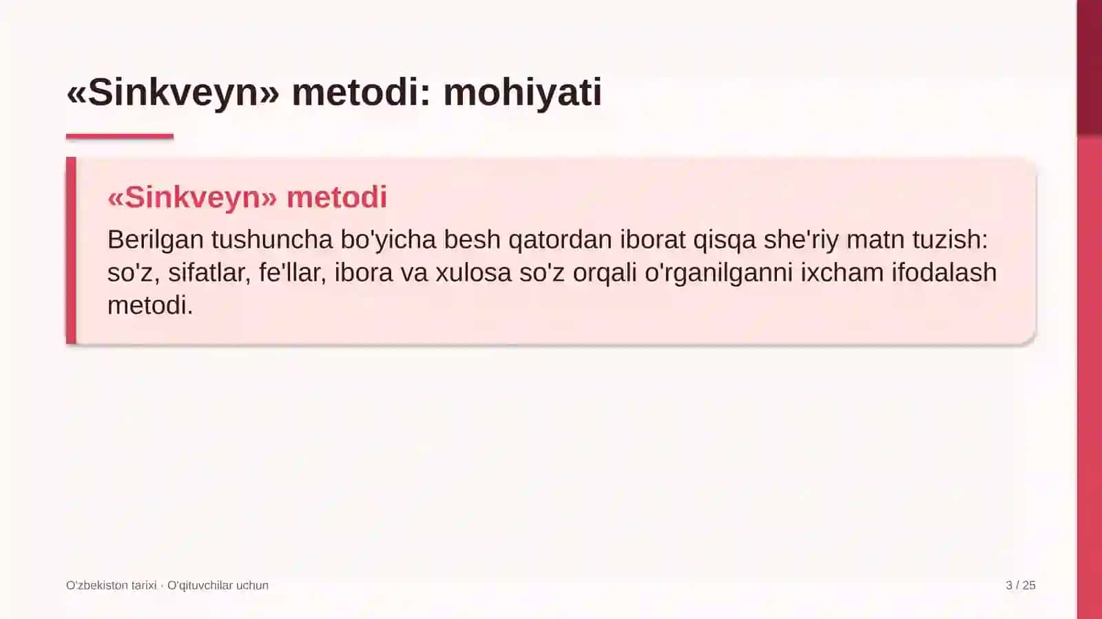 o'zbekiston tarixi darslarida sinkveyn metodidan foydalanish 1693 3