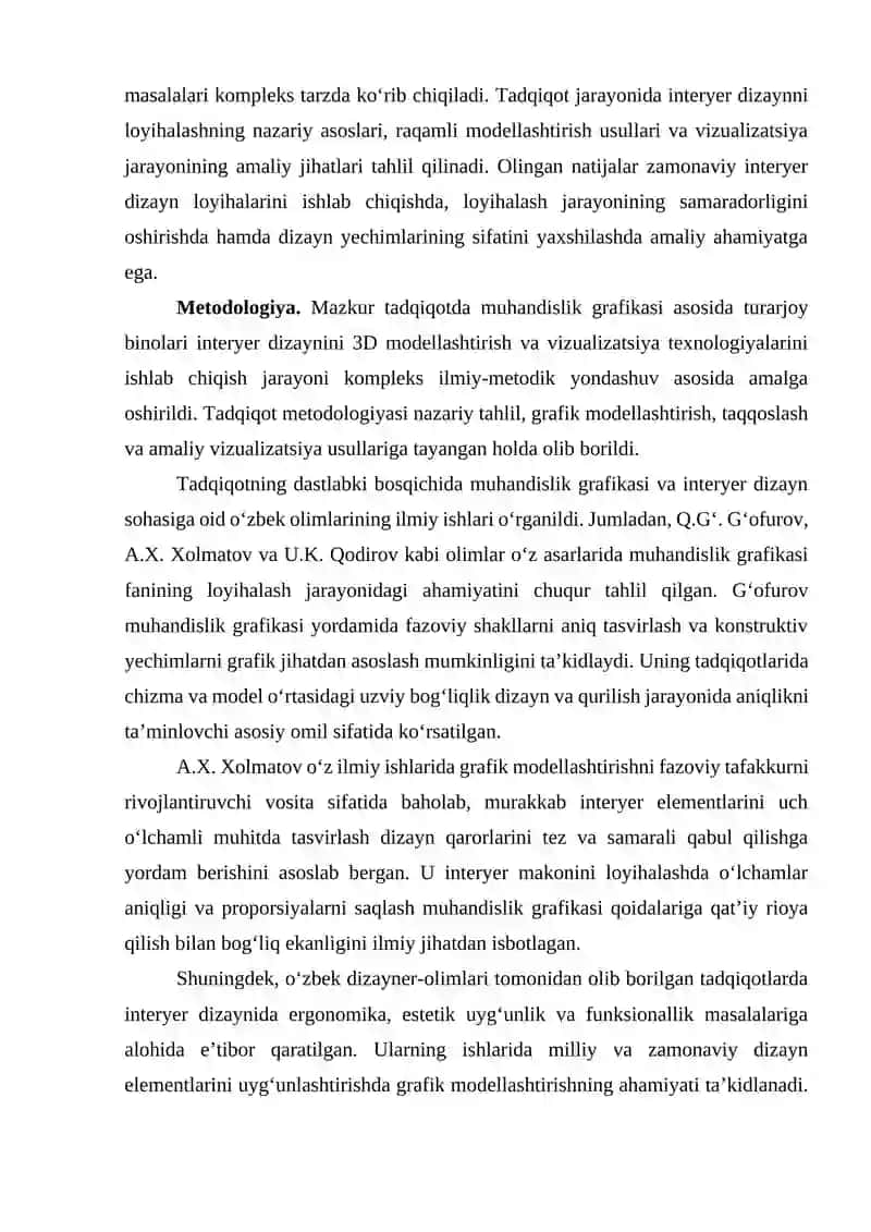 MUHANDISLIK GRAFIKASI ASOSIDA TURARJOY BINOLARI INTERYER DIZAYNINI 3D MODELLASHTIRISH VA VIZUALIZATSIYA TEXNOLOGIYALARINI ISHLAB CHIQISH 3