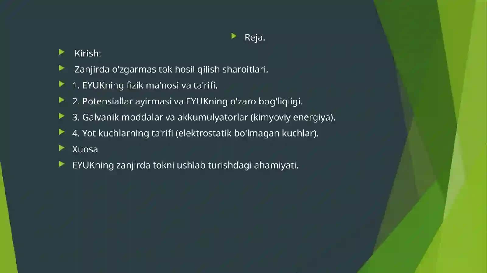 Fizika yo’nalishi2F2 guruh talabasi Yusufjonov Akbarjonning Malakaviy amaliyot dantayyorlagan ochiq dars ishlaması 3