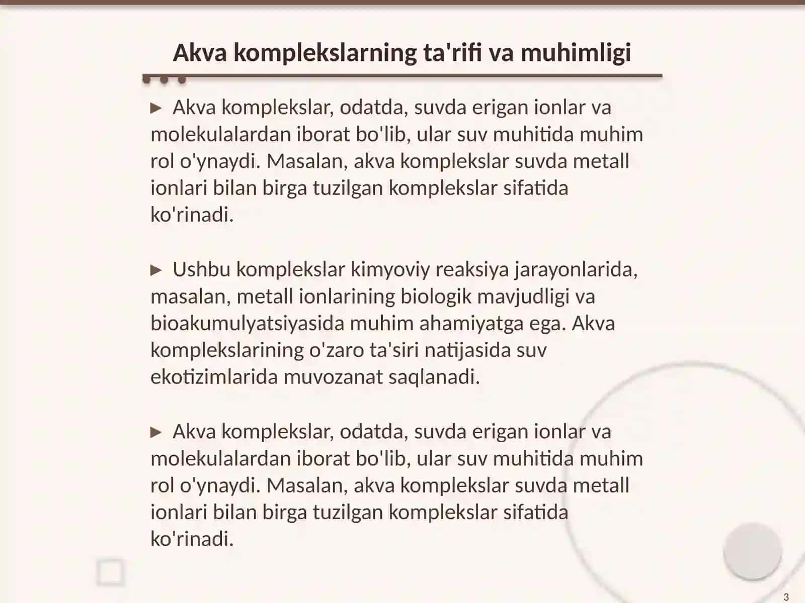 Akva va atsido komplekslarning hossalari 3