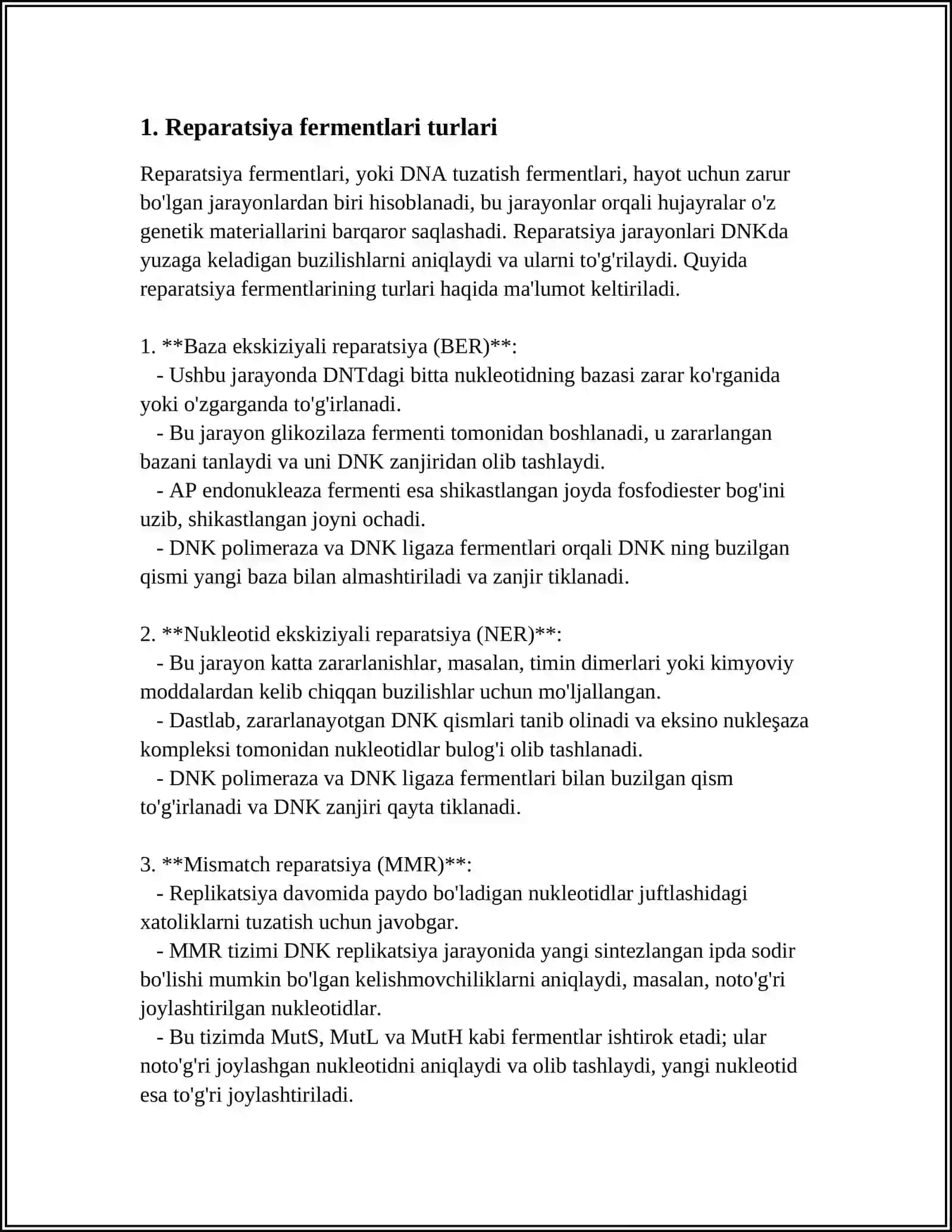 MUSTAQIL ISH Mavzu: REPARATSIYA FERMENTLARI FAOLIYATINING XILMA-XILLIGI.NOALLEL GENLARNING O’ZARO TA’SIRI.PLEYOTROPIYA 3
