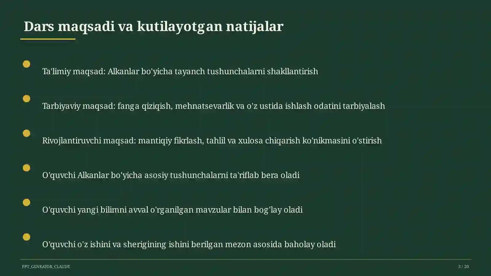 Alkanlar (10-sinf) Kimyo (7– 11) Dars rejasi 3
