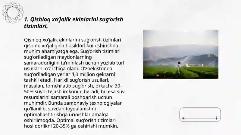 Qishloq xo‘jalik ekinlarining suvg‘orish tartibi va keltirilgan gidromudul hisobi. 3