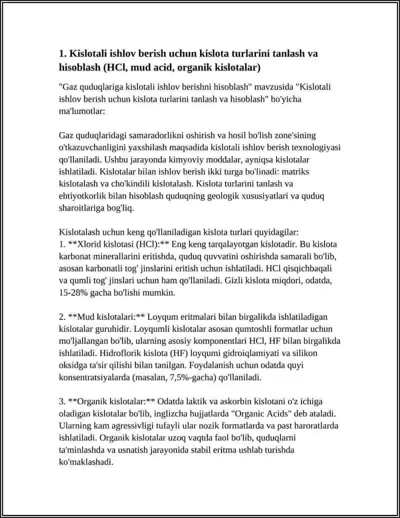 GAZ QUDUQLARIGA KISLOTALI ISHLOV BERISHNI HISOBLASH 3