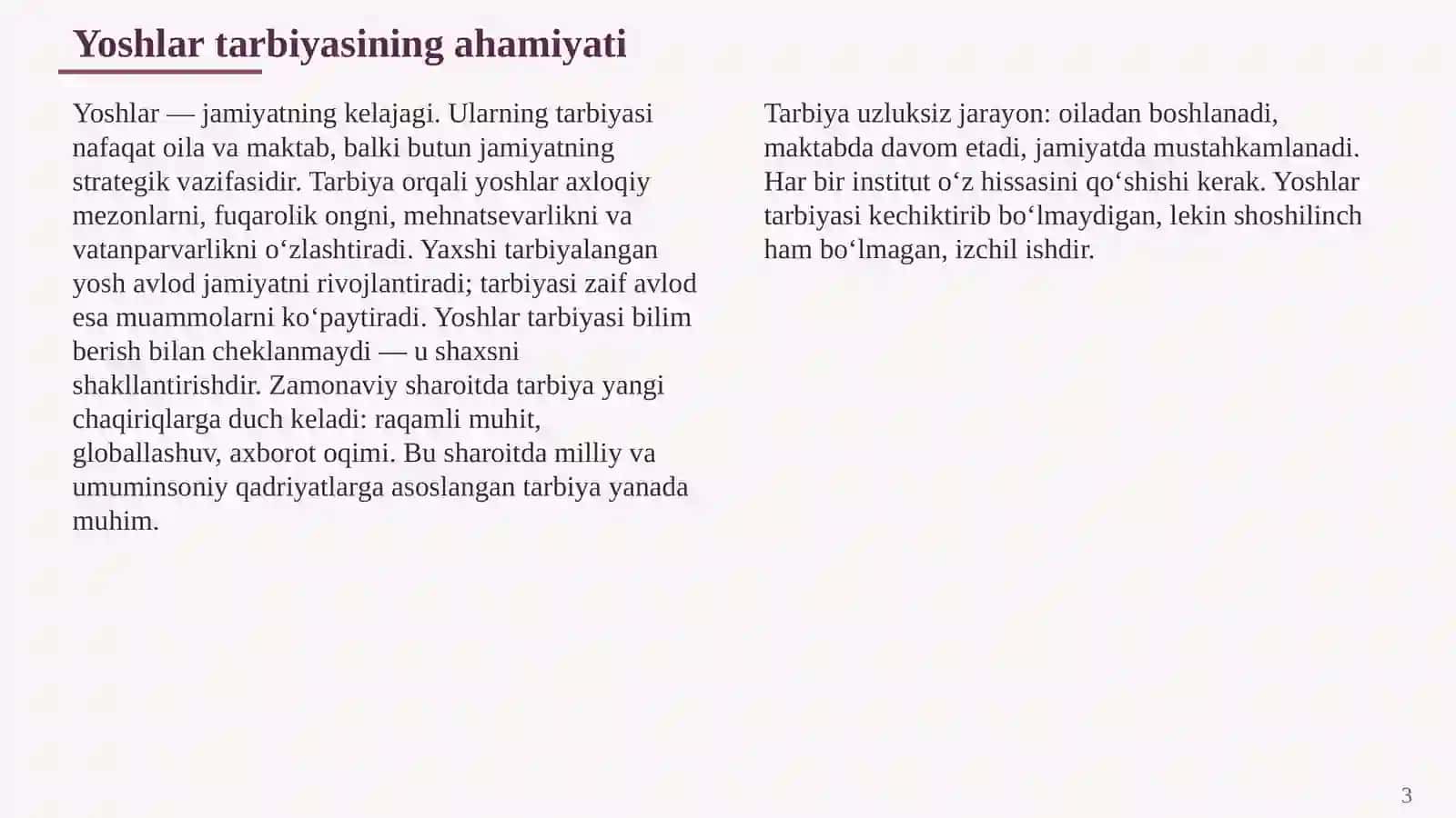 YOSHLAR TARBIYASIDA MILLIY VA UMUMINSONIY QADRIYATLARNING O‘RNI 3