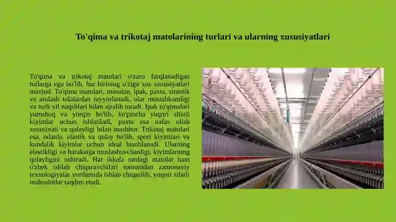 To'qima va trikotaj matolari asortimentlari va O'zbekistonda ishlab chiqaradigan korxonalar 3