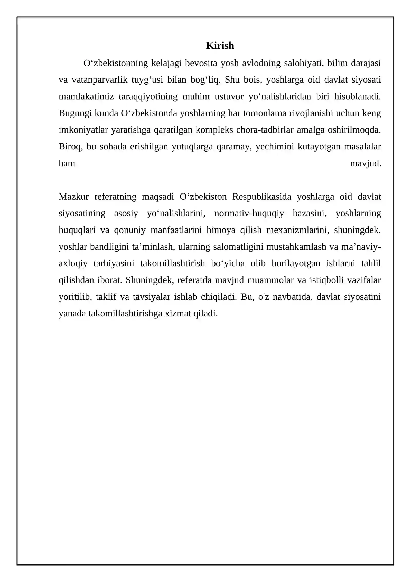 "O'zbekistonning yoshlarga oid davlat siyosati" mavzusida referat 3