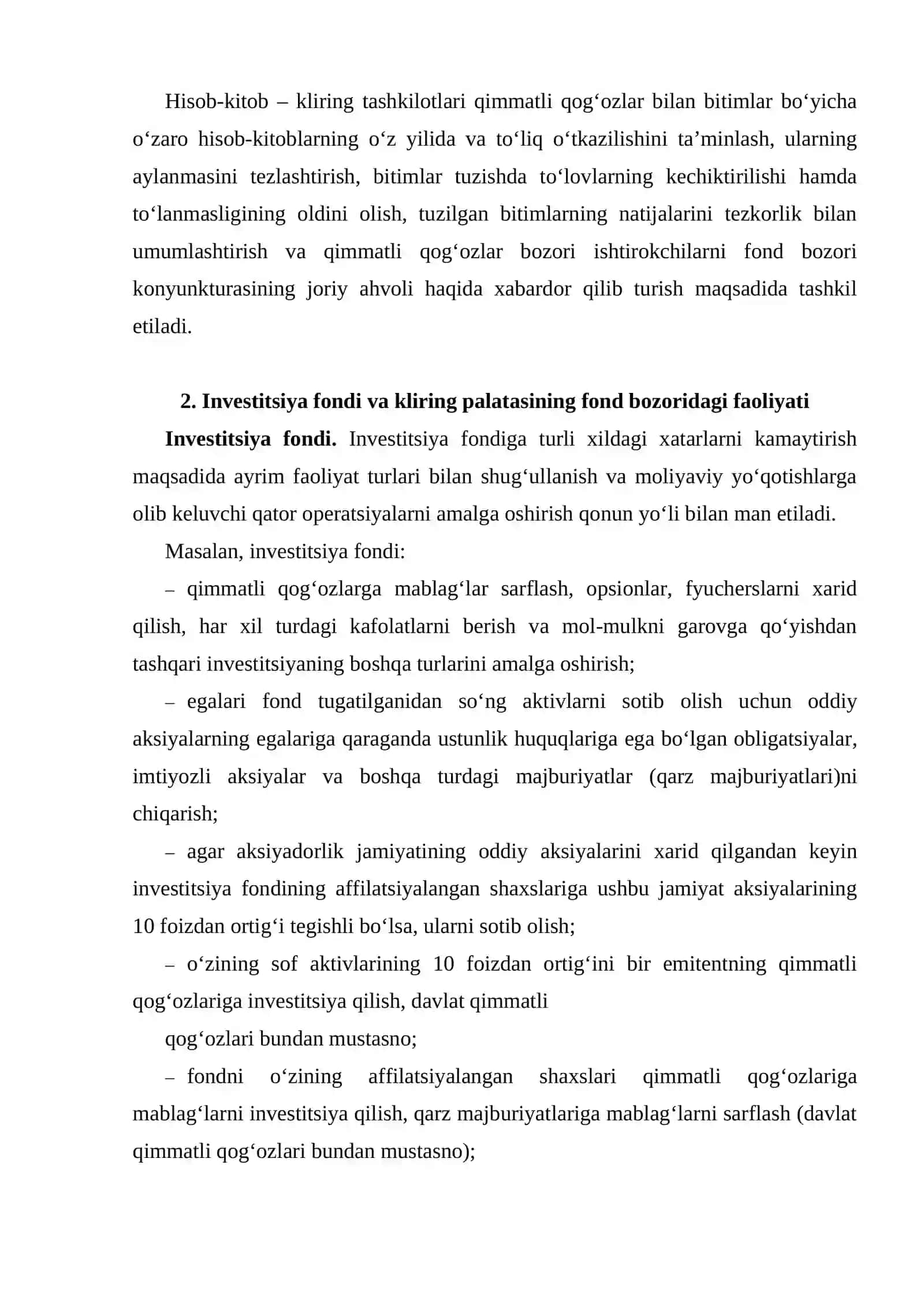 Investitsiya fondi. Kliring palatasining funksiyalari 3