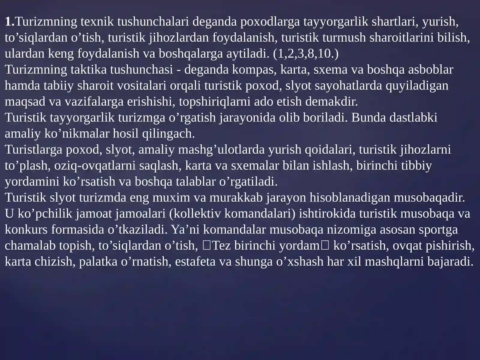 Turizm texnika va taktikasi tasnifi va turizm elementlari bo'yicha musobaqalar 3