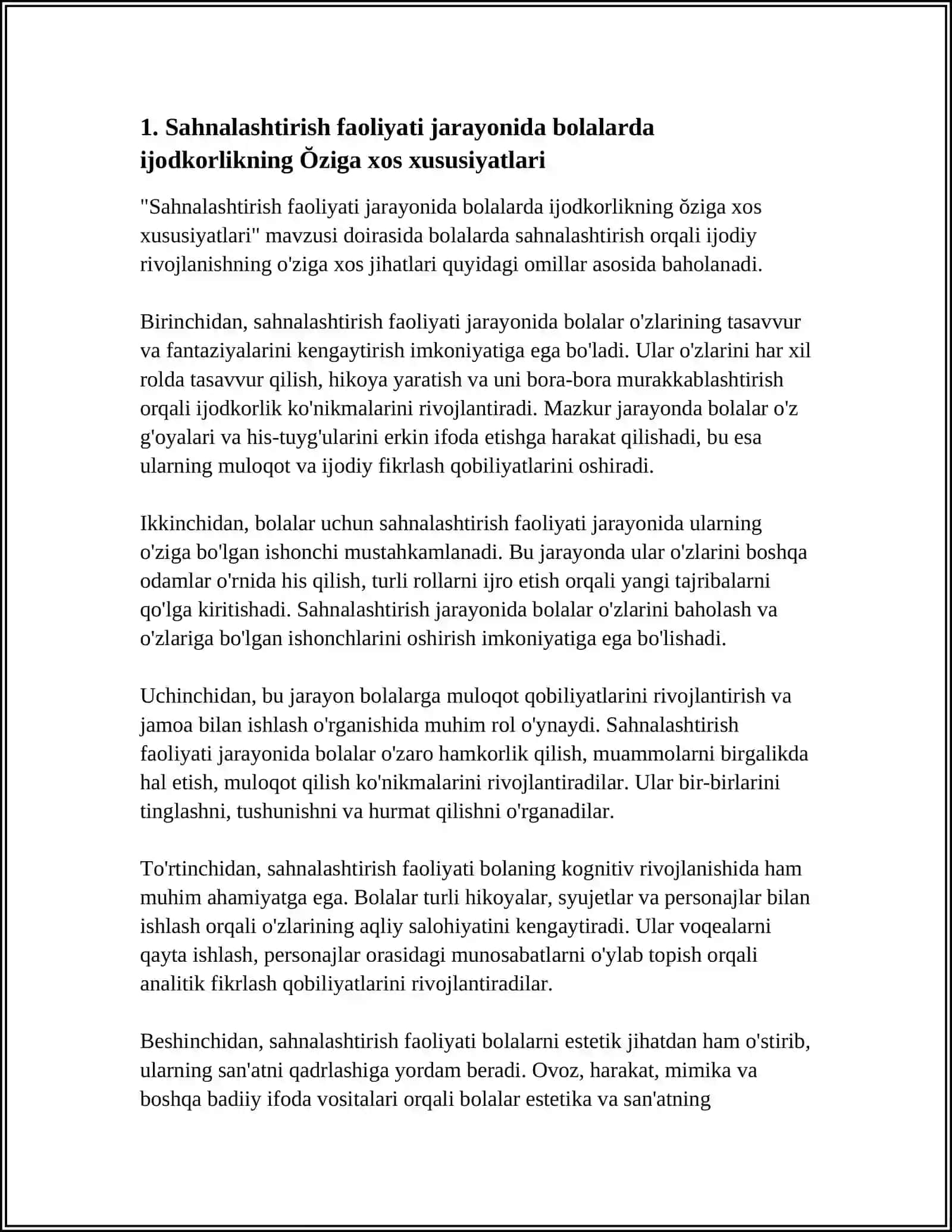 SAHNALASHTIRISH FAOLIYATI JARAYONIDA BOLALARDA IJODKORLIK RIVOJLANISHNING ŎZIGA XOSLIGI 3