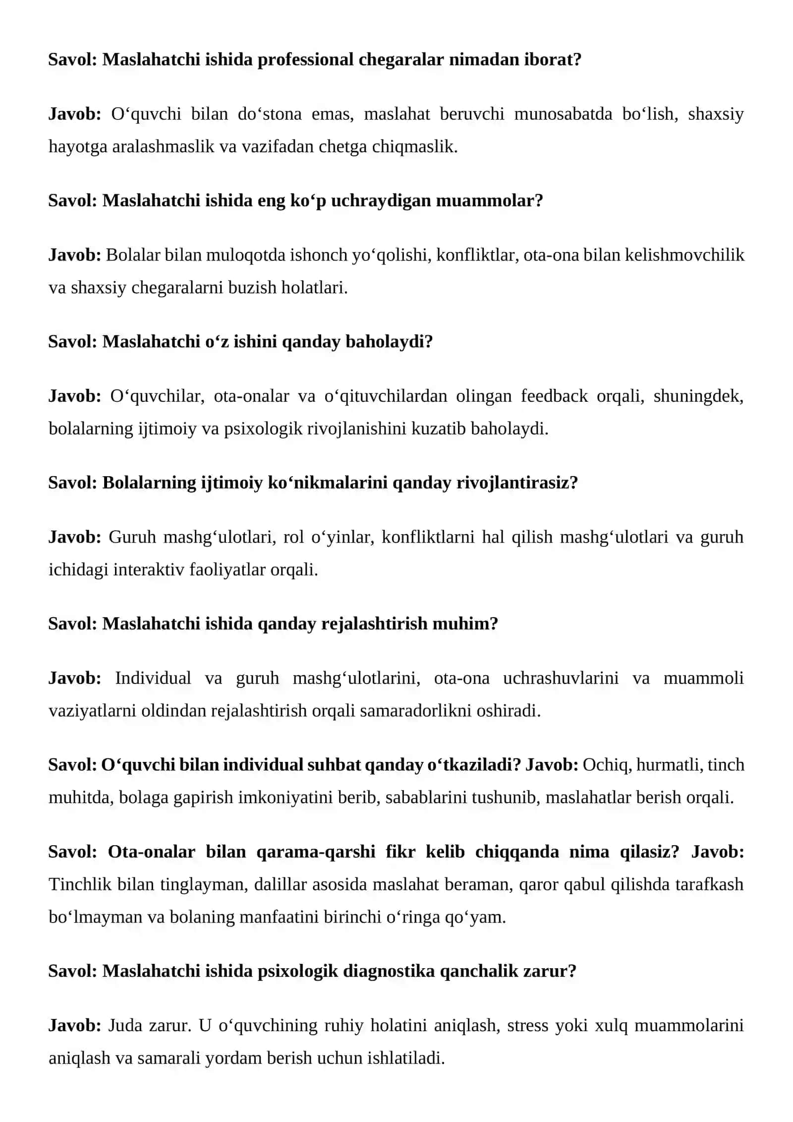 Maktab maslahatchisi ishi bo‘yicha suhbat  savollar va javoblari 3