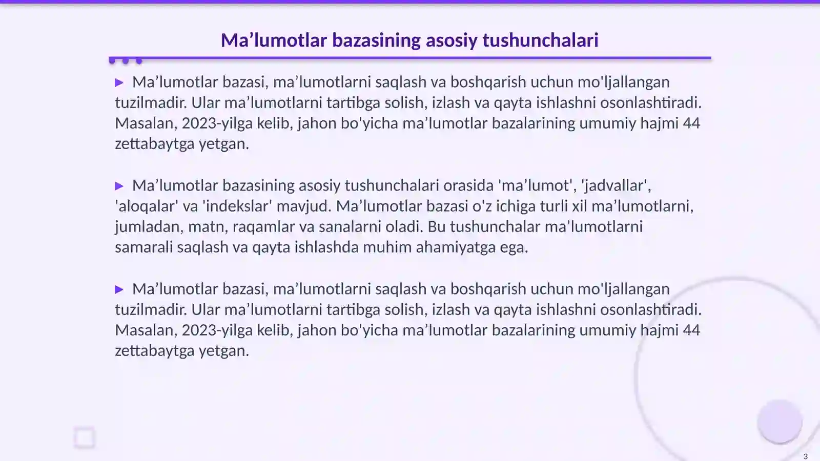 Ma’lumotlar bazasini boshqarish tizimlari 3