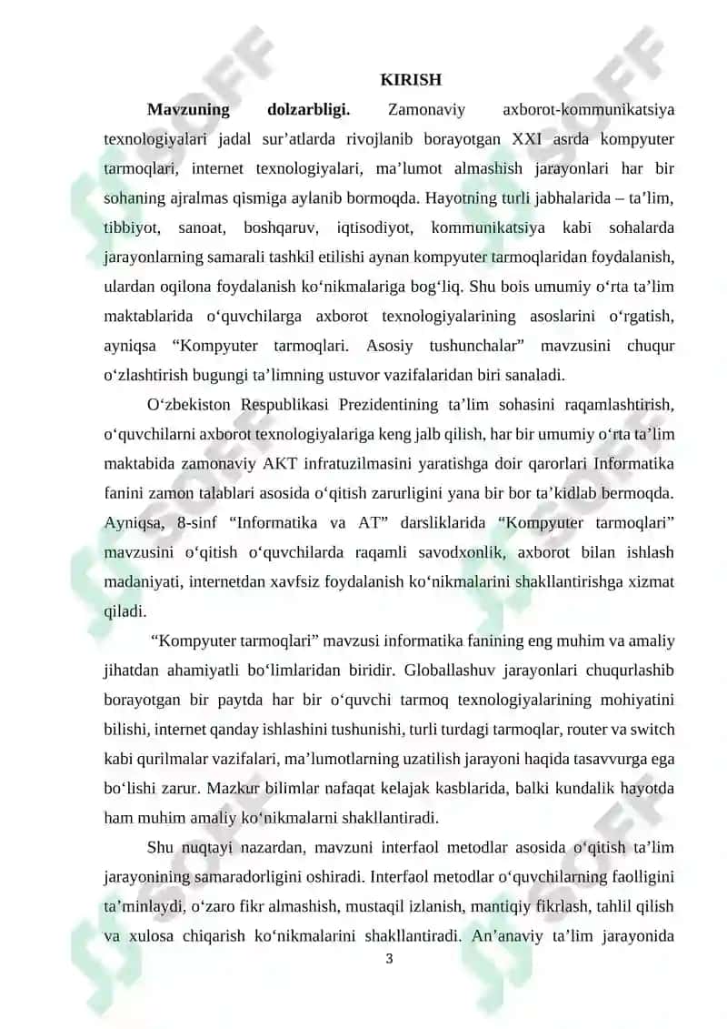 Umumiy o‘rta ta’lim maktablarining 8-sinfida “Informatika va axborot texnologiyalari” fanidan “Kompyuter tarmoqlari. Asosiy tushunchalar” mavzusini o‘qitishda interfaol metodlardan foydalanish 3