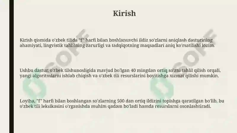 "Oʻzbek tilida“F” harfi bilan boshlanuvchi oʻzak soʻzlarni aniqlovchi dastur" 3