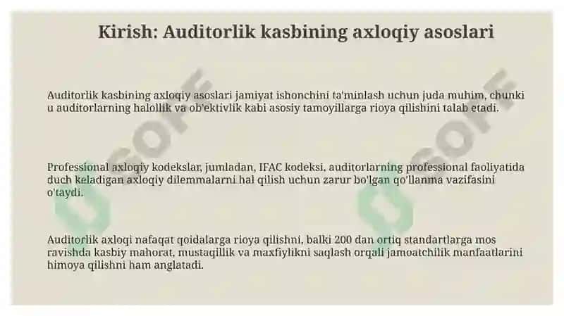 Auditorkasbetikasi: IFACEtikkodeksivamilliyetikqoidalarqiyosida 3