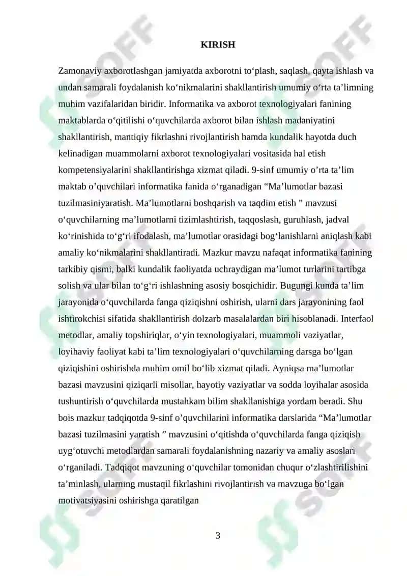 Umumiy o’rta ta’lim maktablarining 9-sinfida Informatika va AT fanidan “Ma’lumotlar bazasi tuzilmasini yaratish. Ma’lumotlarni boshqarish va taqdim etish” mavzusini o‘qitishda interfaol metodlardan foydalanish 3