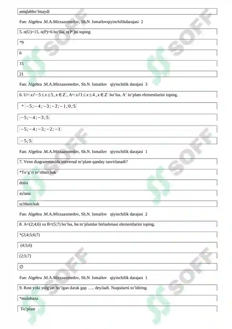 10-sinf matematika 200 ta test 3