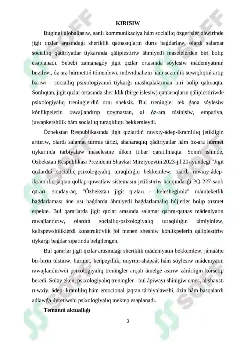 Jigit qızlar arasında sheriklik qatnasıqların qáliplestiriwde psixologiyalıq treningniń ornı 3