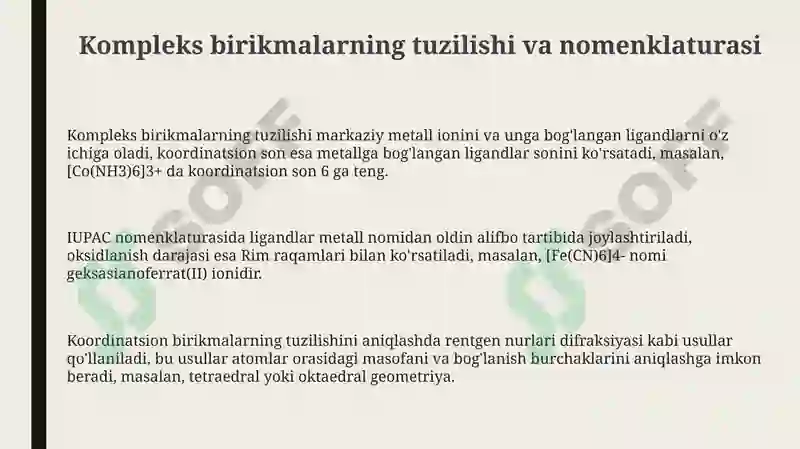 Kompleks birikmalarning kimyosini olinishi 3